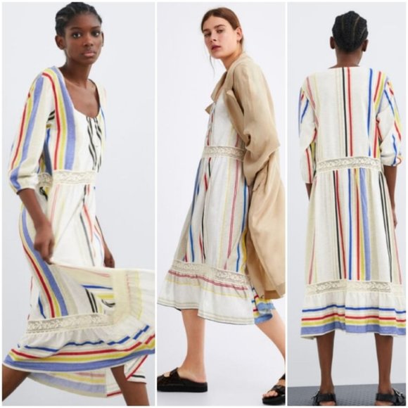 ZARA Combined Striped Lace Boho Mod MIDI Dress M - Picture 4 of 15